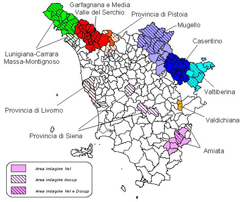 Mappa delle aree di indagine in Toscana